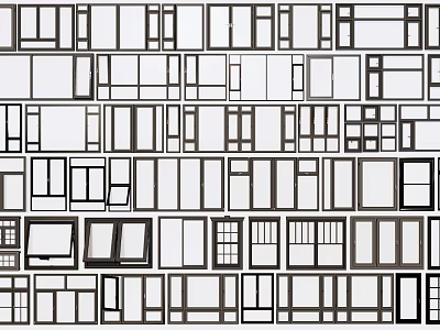 Various Black and White Window Frames in Different Styles Arranged in Pattern 3d model