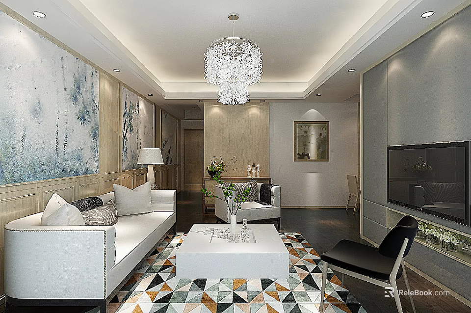 Elegant Modern Living Room With Crystal Chandelier And Comfortable Sofas And Stylish Geometric Area Rug 3d model 
