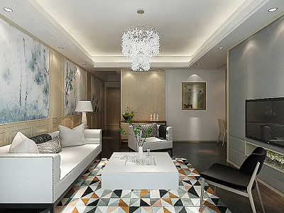 Elegant Modern Living Room With Crystal Chandelier And Comfortable Sofas And Stylish Geometric Area Rug 3d model