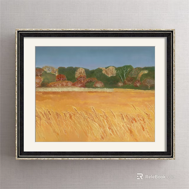 Black Framed Landscape Painting Featuring Golden Wheat Field With Green Trees And Blue Sky Background 3d model 