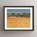 Black Framed Landscape Painting Featuring Golden Wheat Field With Green Trees And Blue Sky Background
