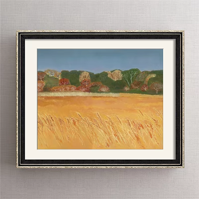 Black Framed Landscape Painting Featuring Golden Wheat Field With Green Trees And Blue Sky Background 3d model