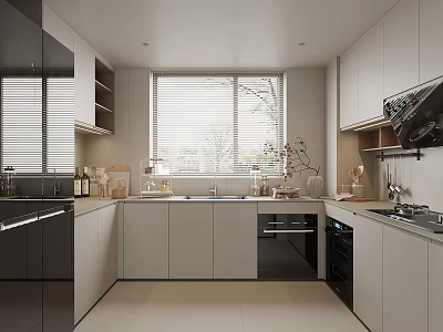 Modern Kitchen Interior With White Cabinets Window Blinds And Built in Appliances 3d model