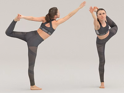 Women Practicing Yoga Poses Balancing On One Leg In Sport Bra And Tights 3d model