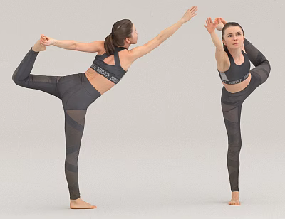 Women Practicing Yoga Poses Balancing On One Leg In Sport Bra And Tights 3d model