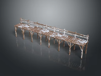 Vintage Wooden Bench With Weathered White Paint And Long Wooden Frame Structure 3d model