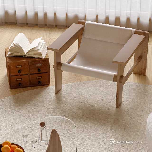 Cozy Leisure Chair With Wooden Frame Beige Cushion Open Book On Cabinet And Wooden Floor 3d model 