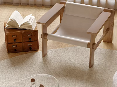 Cozy Leisure Chair With Wooden Frame Beige Cushion Open Book On Cabinet And Wooden Floor 3d model