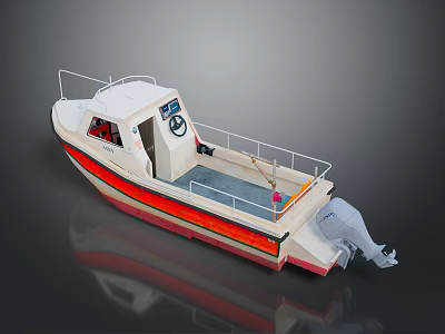 Small Recreational Motor Boat With White Hull Red Stripe Open Cockpit Railing And Outboard Motor 3d model