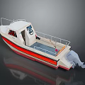Small Recreational Motor Boat With White Hull Red Stripe Open Cockpit Railing And Outboard Motor