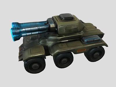 Military Armored Vehicle With Green Body Large Blue Cannon And Multi Wheel Design 3d model