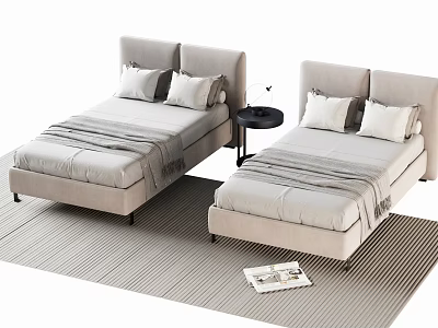 Two Single Beds With Beige Headboard Gray Sheets Striped Rug Nightstand And Magazine 3d model