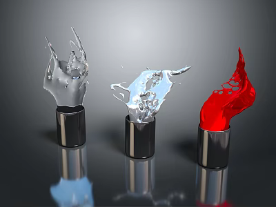 Dynamic Liquid Metal Sculptures In Silver Blue Red With Black Cylindrical Bases And Reflective Surfaces 3d model