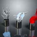 Dynamic Liquid Metal Sculptures In Silver Blue Red With Black Cylindrical Bases And Reflective Surfaces