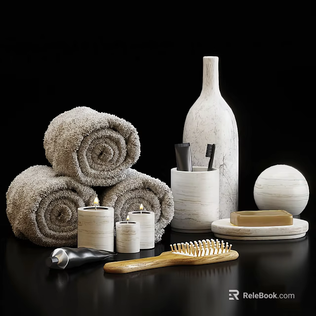 Modern Minimalist Bathroom Accessories with Rolled Towels Candles Toothbrushes Soap Dish Comb And Ceramic Bottle 3d model 