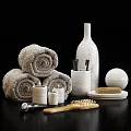 Modern Minimalist Bathroom Accessories with Rolled Towels Candles Toothbrushes Soap Dish Comb And Ceramic Bottle