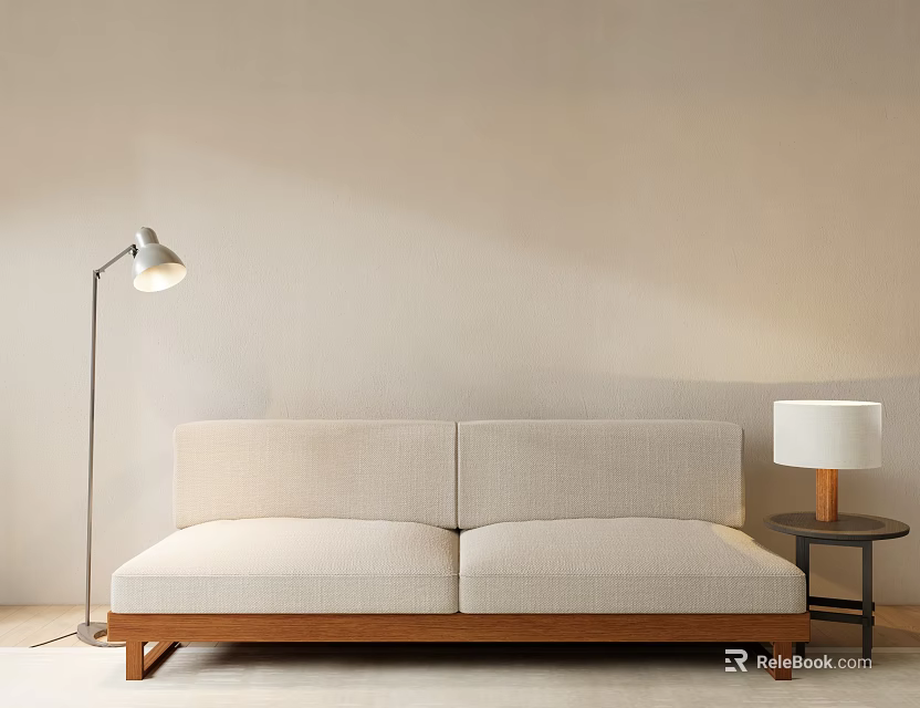 Minimalist Interior with Beige Two Seater Sofa Wooden Frame Floor Lamp and Side Table 3d model 