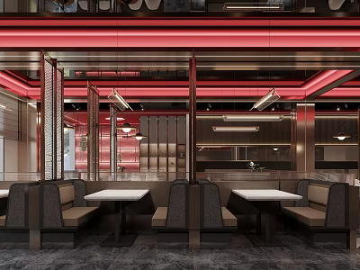 Modern Restaurant Interior With Booths Tables And Red Lighting Ceiling Design 3d model