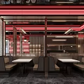 Modern Restaurant Interior With Booths Tables And Red Lighting Ceiling Design