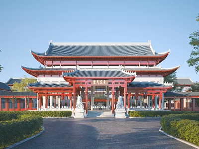 Chinese Traditional Architecture With Curved Eaves Red Pillars And Stone Lions 3d model