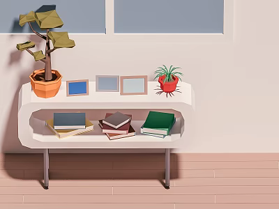 Stylish White Shelf Display With Potted Plants Photo Frames And Books 3d model