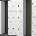 White Storage Lockers With Green Accent Lines And Multiple Door Designs For Modern Storage