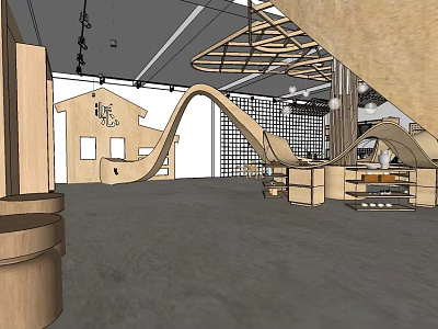Indoor Play Area Interior Design With Wooden Slide And Curved Structures 3d model