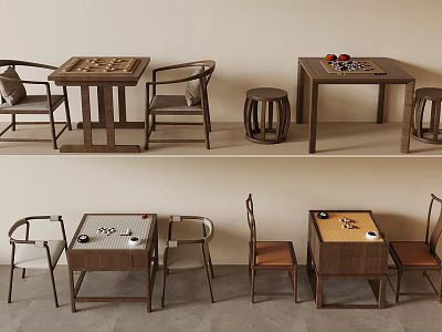 Modern Wooden Coffee Table With Chessboard Tea Set And Matching Chairs Stool 3d model Modern Wooden Coffee Table With Chessboard Tea Set And Matching Chairs Stool 3d model