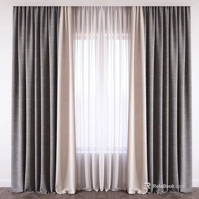 Elegant Gray and Beige Double Layer Curtains for Modern Home Window Decor 3d model 