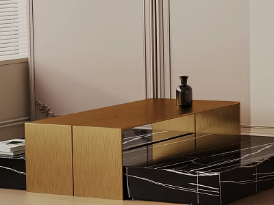 Modern Elegant Coffee Table With Wooden Surface And Black Marble Base Design 3d model