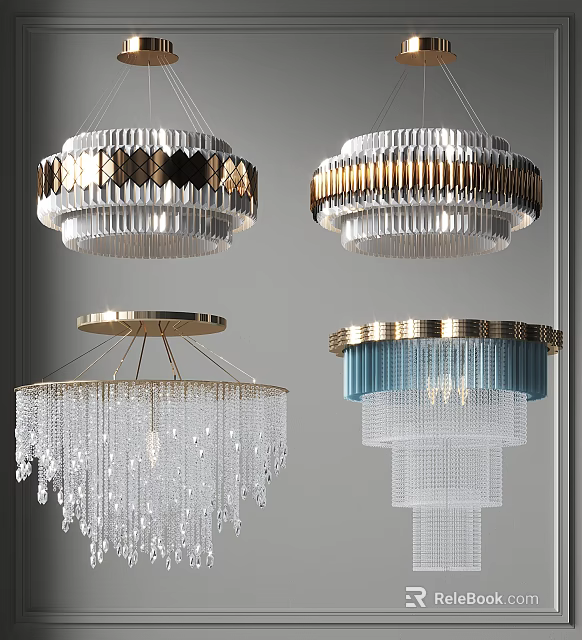 Elegant Modern Chandeliers Featuring Gold Trim Crystal Pendants And Blue Details 3d model 