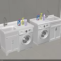 Modern Laundry Room With White Cabinets Washing Machines And Detergent Bottles