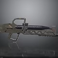 Futuristic Sci Fi Gun With Metallic Structure Complex Components And Caution Label