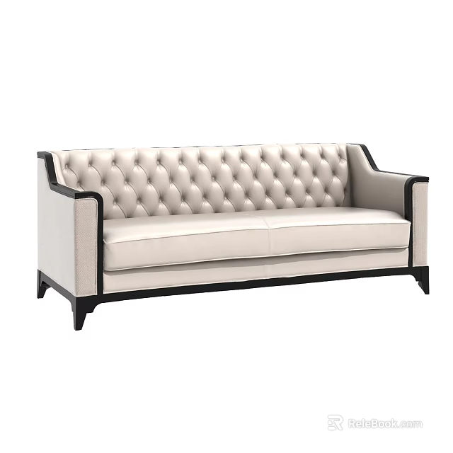 Elegant Light Colored Multi Seat Sofa With Button Tufted Backrest And Black Frame 3d model