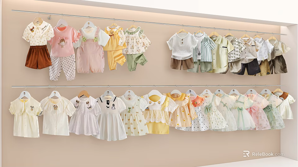 Cute Baby Clothes In Pastel Colors Hanging On Double Racks With Various Styles 3d model 