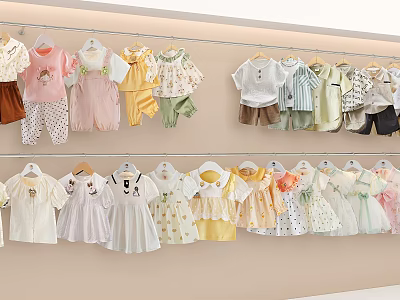 Cute Baby Clothes In Pastel Colors Hanging On Double Racks With Various Styles 3d model