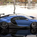 Bugatti Blue Sports Car With Open Doors Black Roof Rear Spoiler And Reflective Surface