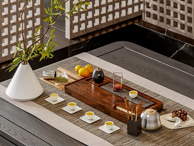 Elegant Traditional Tea Set with Teacups Teapot Fruits and Wooden Tray on Stylish Mat 3d model