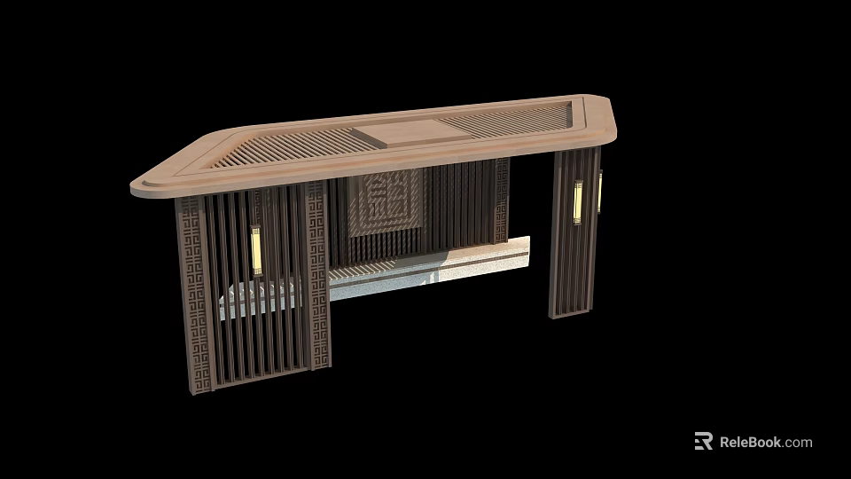 Elegant Traditional Chinese Wooden Console Table With Lattice Design And Carved Decorative Panel 3d model 