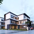 Modern Townhouse Exterior Design with Balconies Large Glass Windows Landscaped Hedges and Paved Driveway