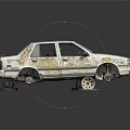 Abandoned Rusty Old Car With Damaged Body Faded Paint And Flat Tire