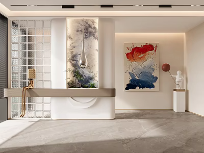 Minimalist Foyer Hallway Interior With Glass Block Partition Abstract Paintings And Marble Flooring 3d model