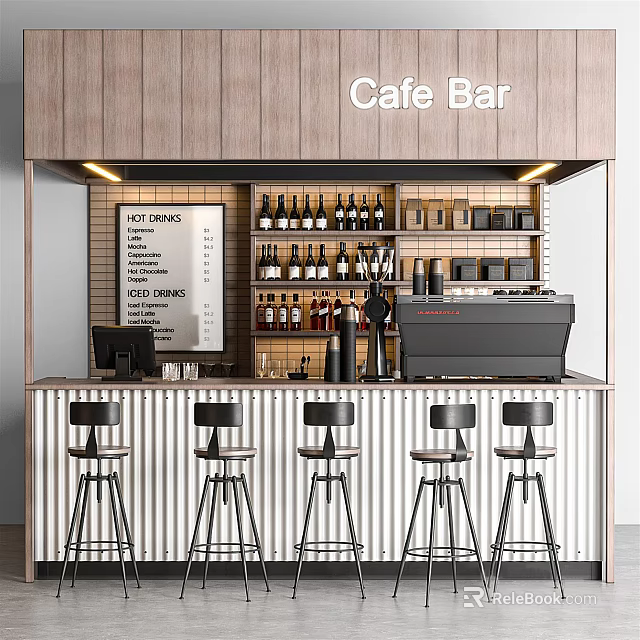 Cafe Bar Functional Table with Bar Counter Stools Drinks and Menu Board 3d model