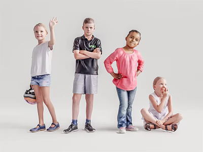 Group Of Diverse Children Posing In Studio With Different Poses 3d model