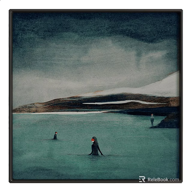 Abstract Painting With Dark Sky Snow Capped Mountains Teal Water Red Accent Figures On Shore 3d model 