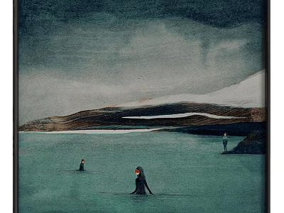 Abstract Painting With Dark Sky Snow Capped Mountains Teal Water Red Accent Figures On Shore 3d model