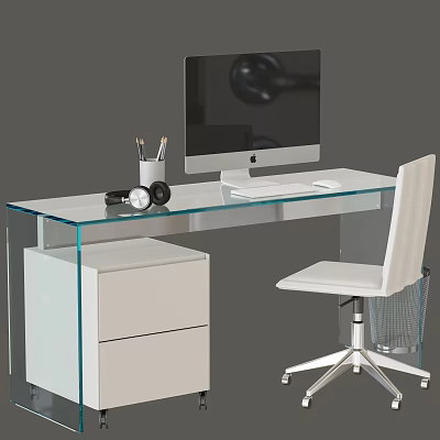 Modern Glass Top Office Desk With Monitor Headphones Pencil Holder Drawer Cabinet And White Chair 3d model