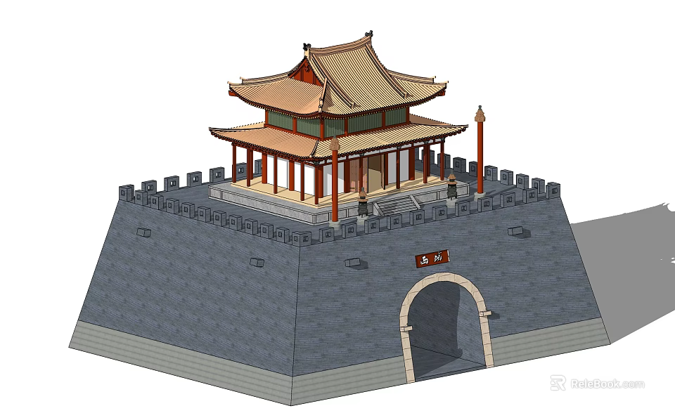 Ancient Chinese City Gate Architecture With Multi Tiered Roof Red Pillars And Crenellated Wall 3d model 