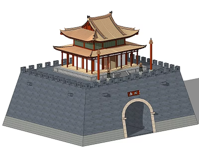 Ancient Chinese City Gate Architecture With Multi Tiered Roof Red Pillars And Crenellated Wall 3d model