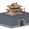 Ancient Chinese City Gate Architecture With Multi Tiered Roof Red Pillars And Crenellated Wall